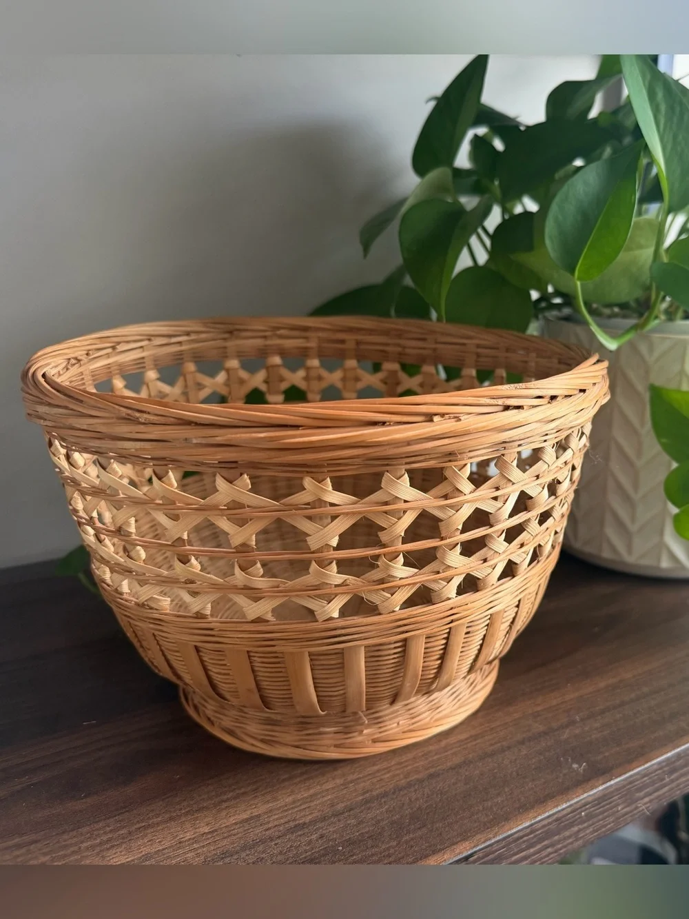 Vintage Handwoven Tan Wicker Storage Basket - Home Accents